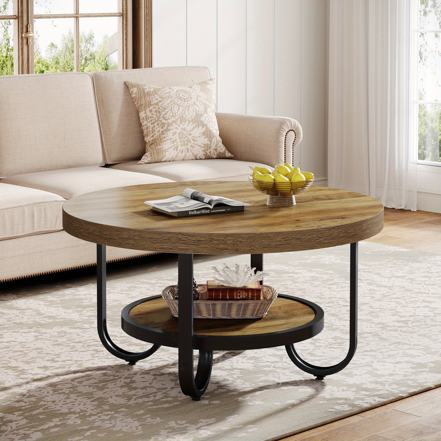 Eleganter runder Couchtisch mit Ablage – Gebogener Stahlrahmen – Ø80 cm