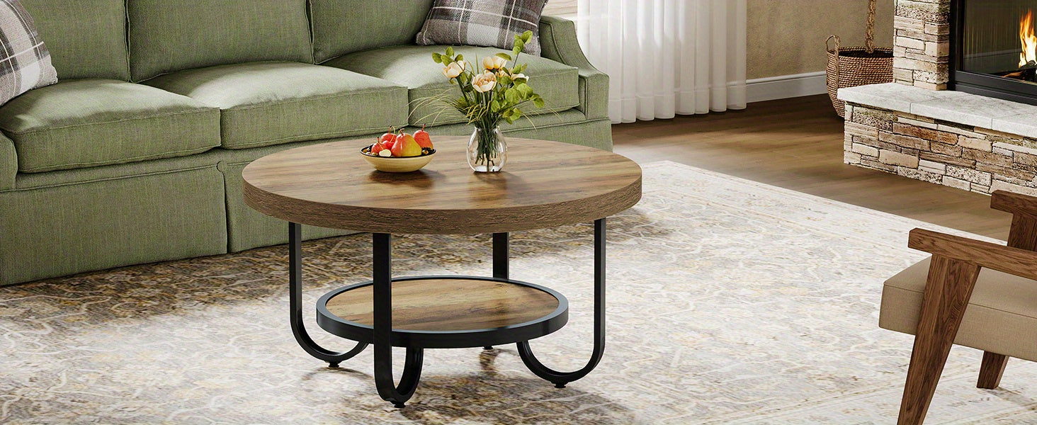Eleganter runder Couchtisch mit Ablage – Gebogener Stahlrahmen – Ø80 cm