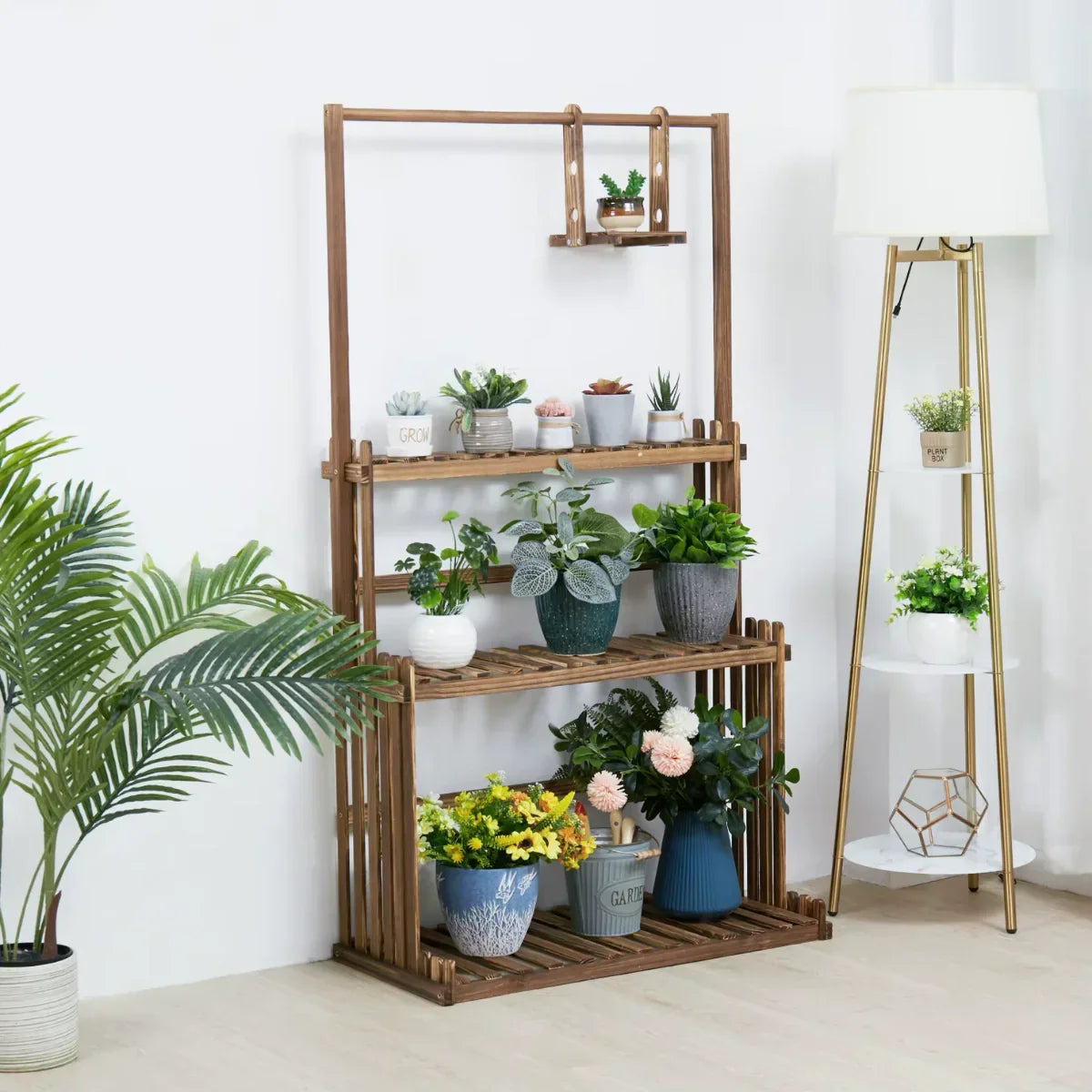 Pflanzenregal aus Holz für den Innen- und Außenbereich – 3 Ebenen mit Aufhängestange