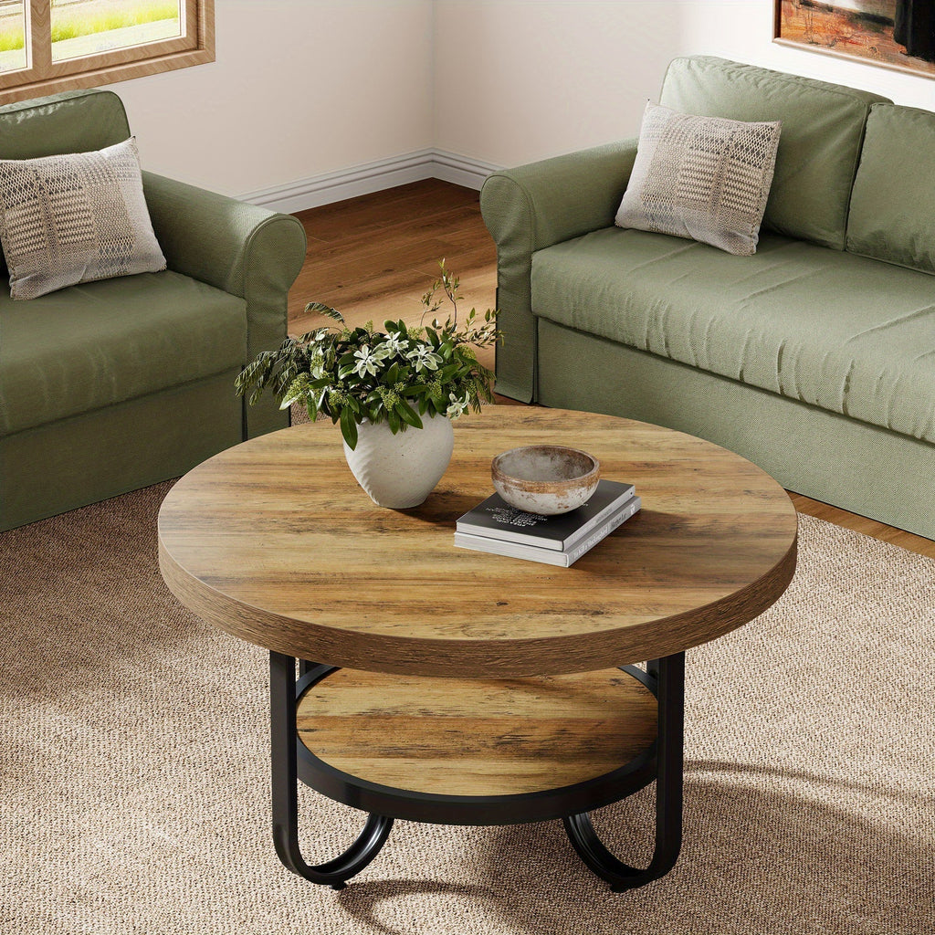 Eleganter runder Couchtisch mit Ablage – Gebogener Stahlrahmen – Ø80 cm