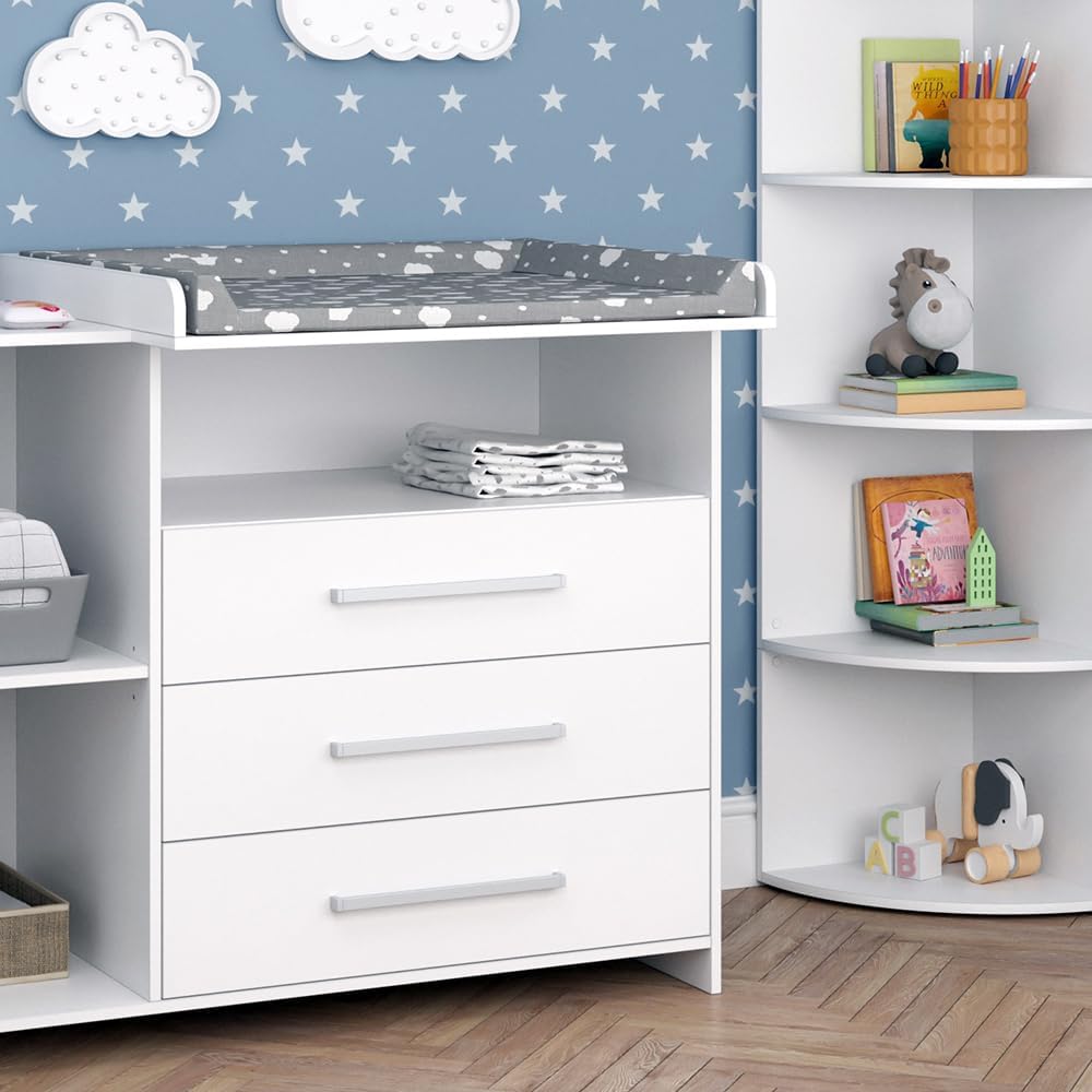 Vicco Oskar Kinderzimmer Set mit Wickelkommode & Spielzeugregal – Umbaubare Babyzimmer Möbel Weiß