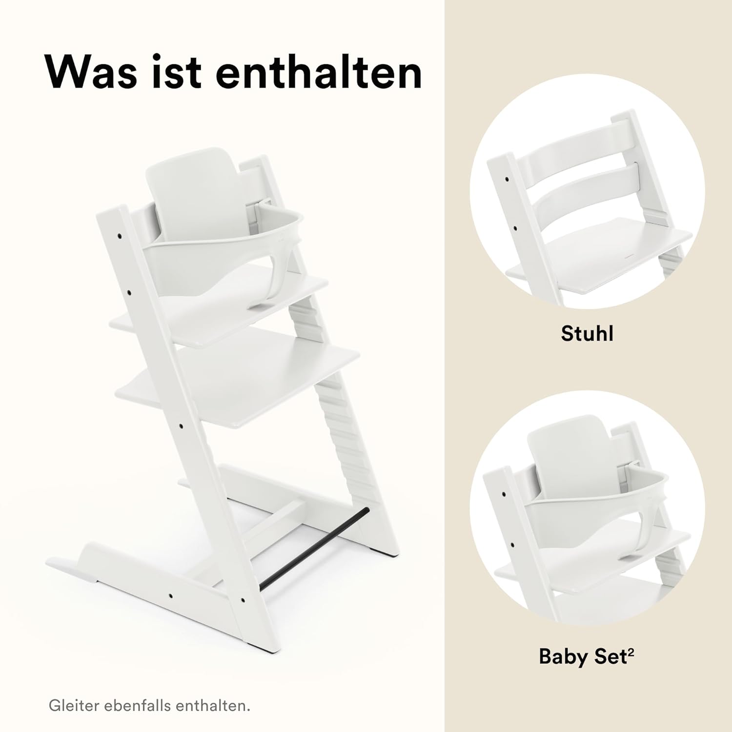 Stokke Tripp Trapp Hochstuhl White mit Baby Set2, Buchenholz, verstellbar 57x46x83 cm