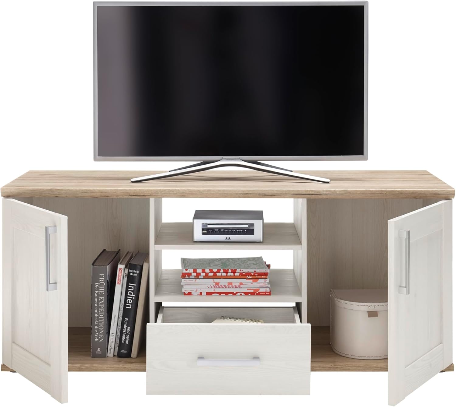 Stella Trading ROMANCE Wohnwand Wohnzimmer Set Sibiu Lärche & Eiche San Remo, Landhaus Möbel mit Stauraum & LED