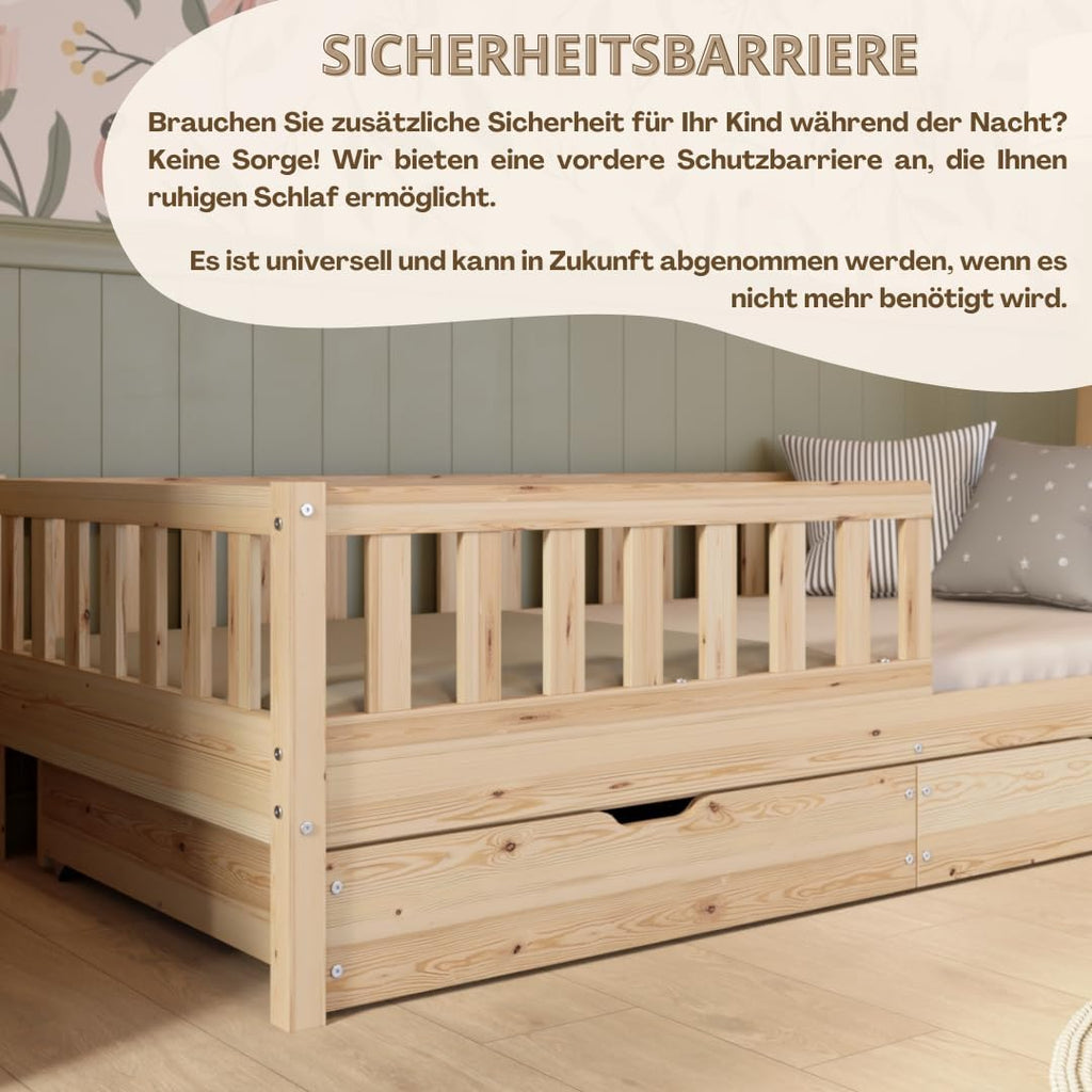 Crazy Pine Montessori Bodenbett Kinderbett Holz mit Schublade Rausfallschutz Skandinavisches Design