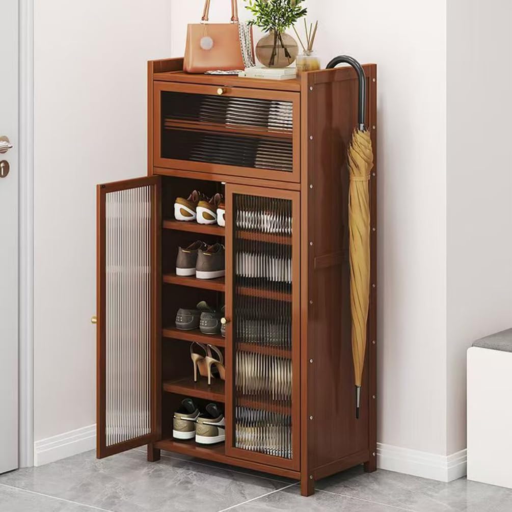 Schuhschrank Holz mit Korbgeflecht-Türen, Moderner Bambus Schuhschränke, Schuhregal mit Stauraum, Shoes Cabinet für Flur, Wohnzimmer, Schlafzimmer,H