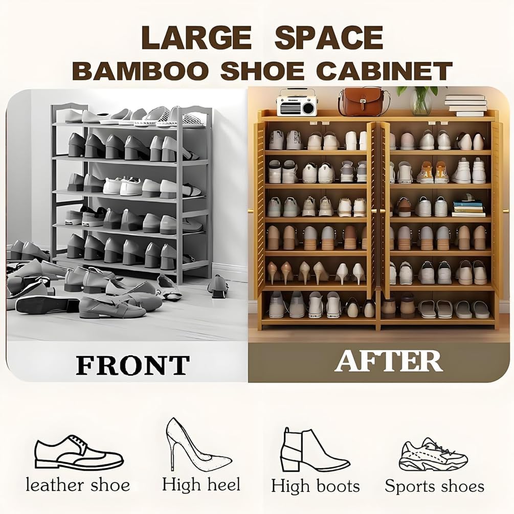 Schuhschrank Holz mit Korbgeflecht-Türen, Moderner Bambus Schuhschränke, Schuhregal mit Stauraum, Shoes Cabinet für Flur, Wohnzimmer, Schlafzimmer,H