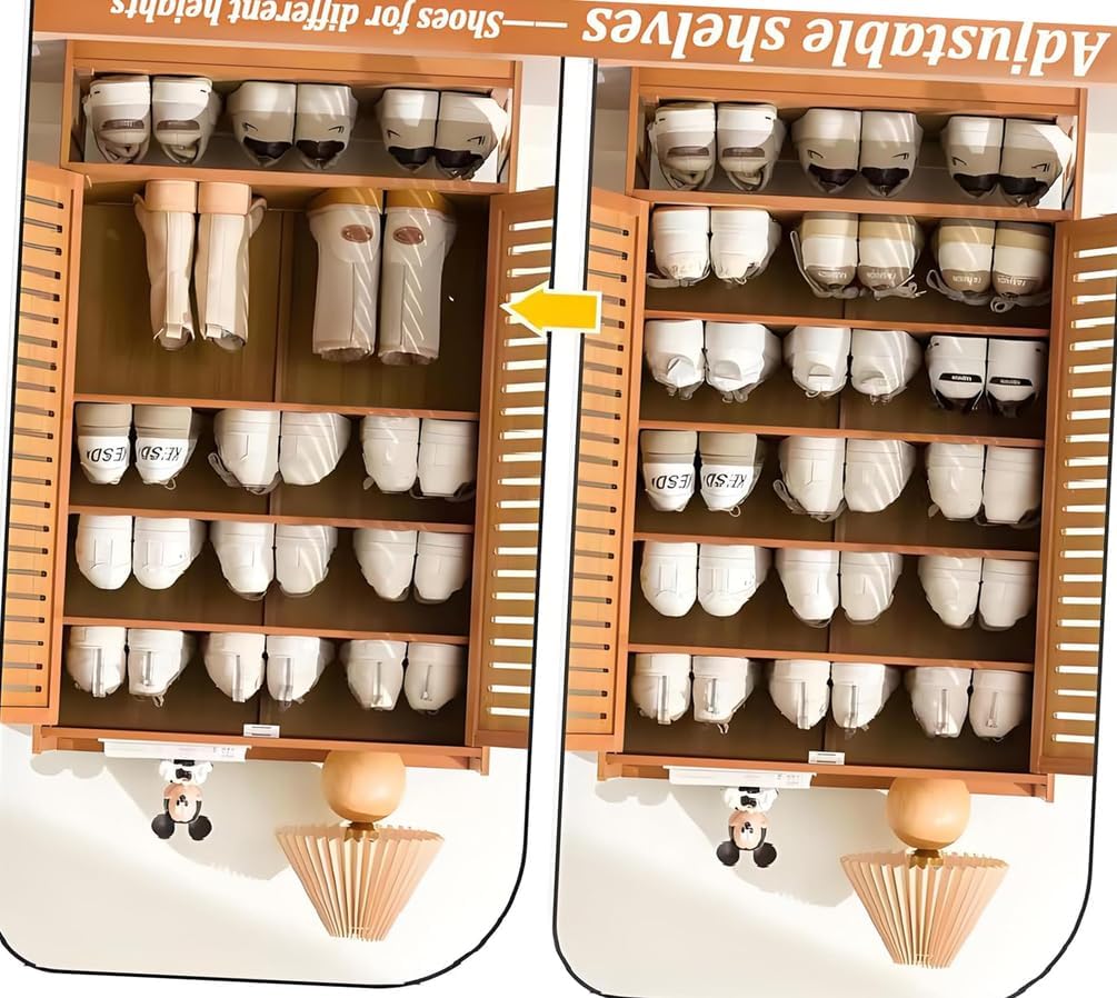 Schuhschrank Holz mit Korbgeflecht-Türen, Moderner Bambus Schuhschränke, Schuhregal mit Stauraum, Shoes Cabinet für Flur, Wohnzimmer, Schlafzimmer,H