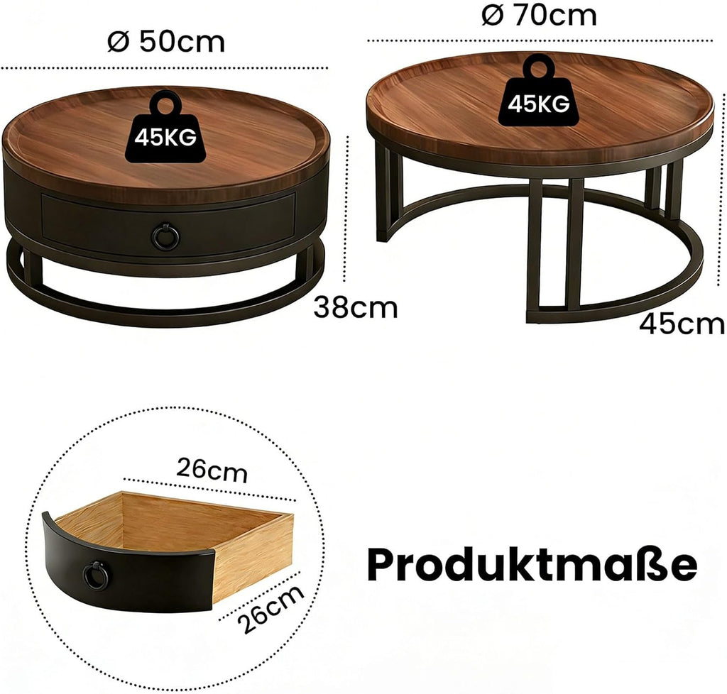 Couchtisch rund 2er Set mit Stauraum, Wohnzimmertisch mit Holz Schubladen, Walnussoptik und Metallrahmen, Moderne Kaffeetische Satztische Sofatisch für Wohnzimmer Schlafzimmer