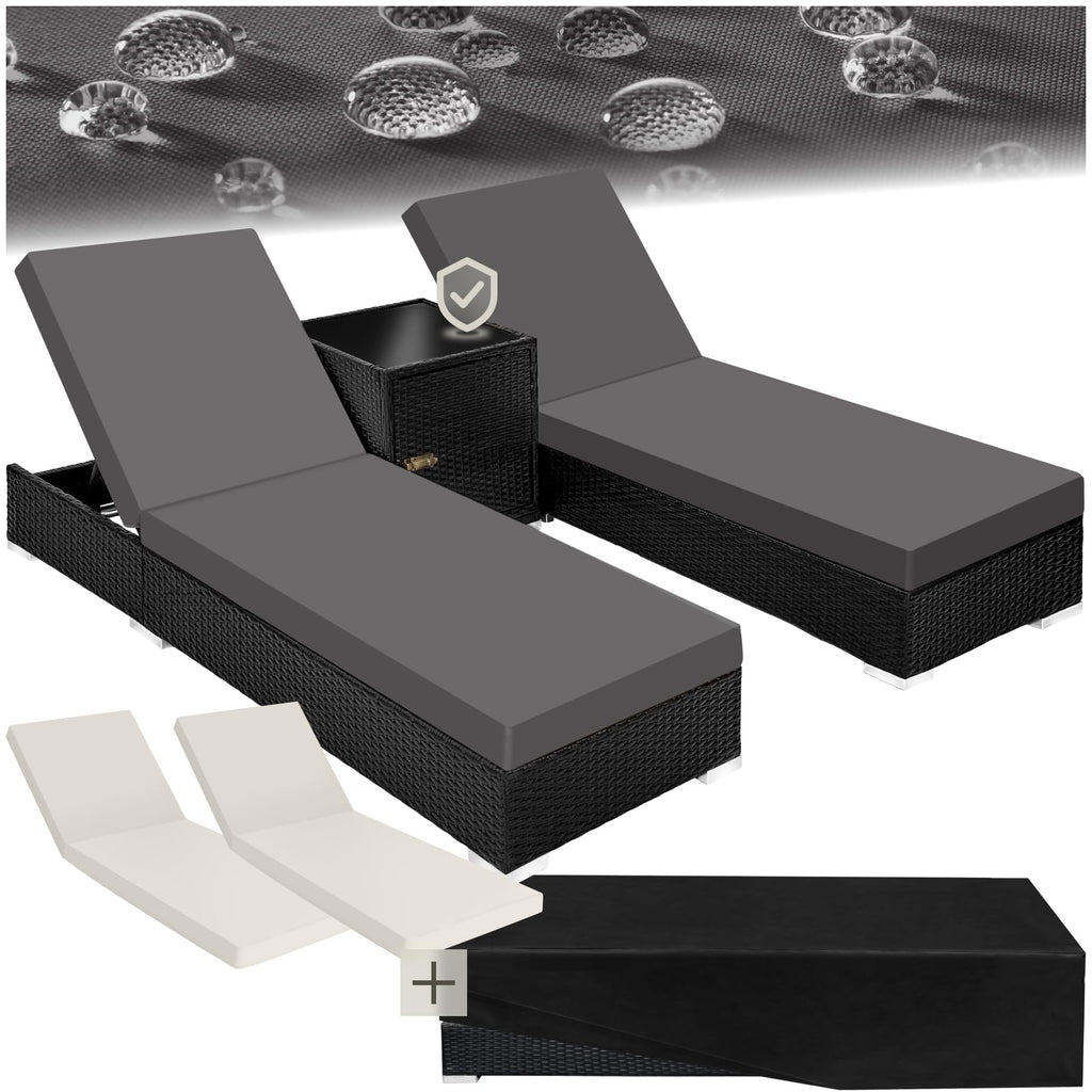 tectake 2er Gartenliege Set mit Tisch - Aluminium & Polyrattan Sonnenliegen, 5-fach Verstellbar, Schutzhülle inklusive