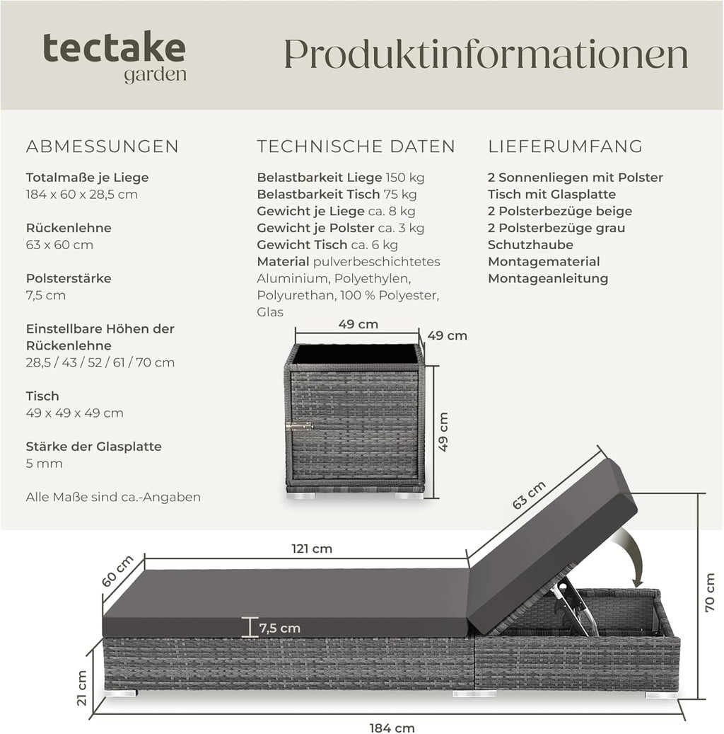 tectake 2er Gartenliege Set mit Tisch - Aluminium & Polyrattan Sonnenliegen, 5-fach Verstellbar, Schutzhülle inklusive