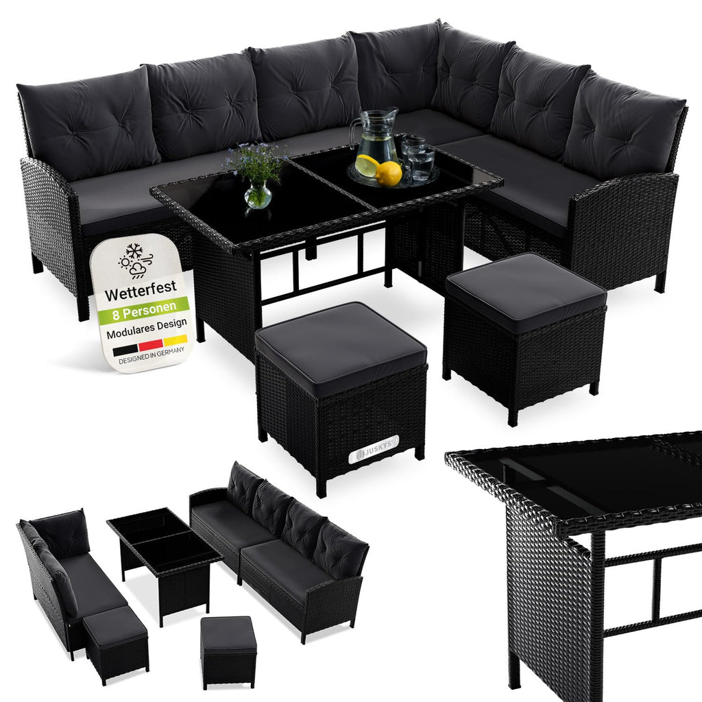 Juskys Polyrattan Gartenlounge Grau – Sitzgruppe mit Ecksofa, Tisch, Hocker, wetterfest, Outdoor Möbel Set