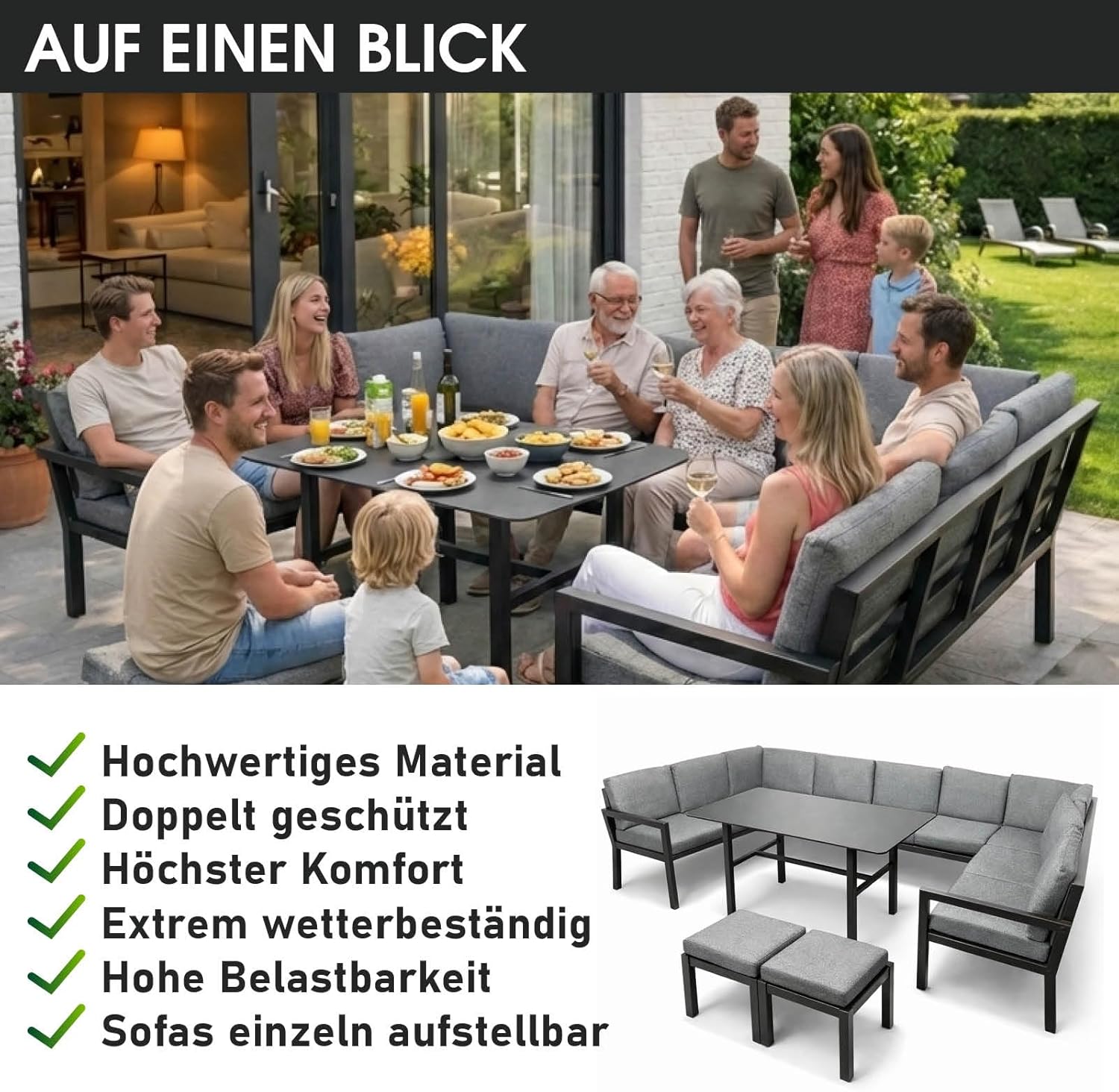 BRAST Gartenmöbel Lounge Set Madrid Hellgrau für bis zu 11 Personen, Wetterfeste Outdoor Sitzgruppe mit Tisch & Hocker