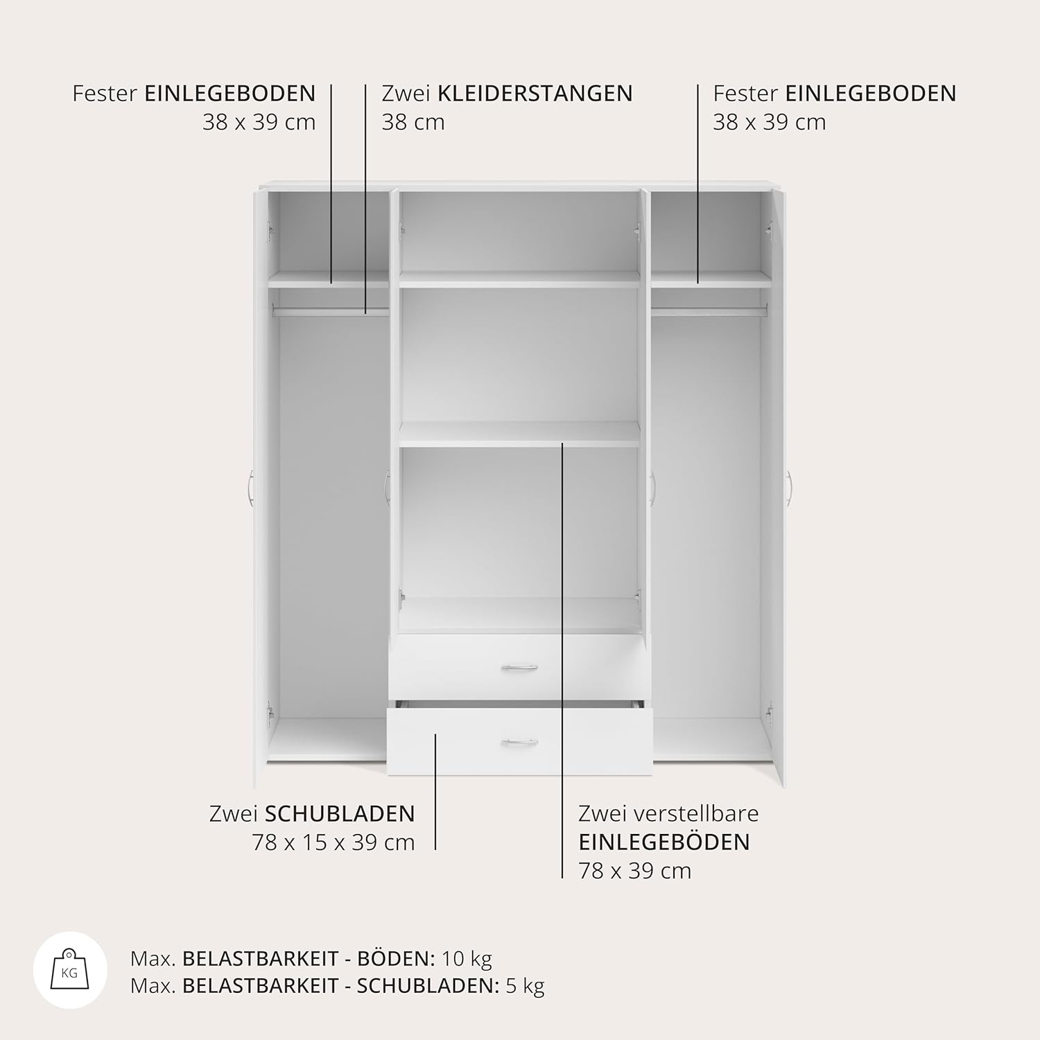 Stella Trading BASE Kleiderschrank Drehtürenschrank Weiß Holz Mehrere Größen