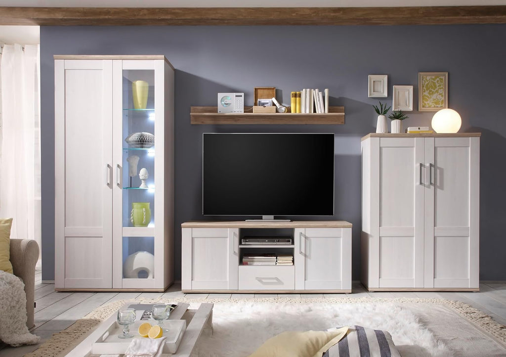 Stella Trading ROMANCE Wohnwand Wohnzimmer Set Sibiu Lärche & Eiche San Remo, Landhaus Möbel mit Stauraum & LED