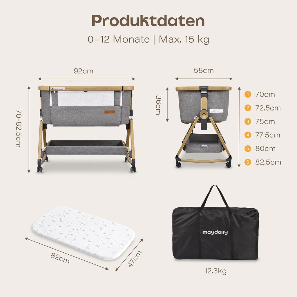 Maydolly 3-in-1 Baby Beistellbett Grau mit Matratze & Moskitonetz, Höhenverstellbares Reisebett mit Rollen für Neugeborene