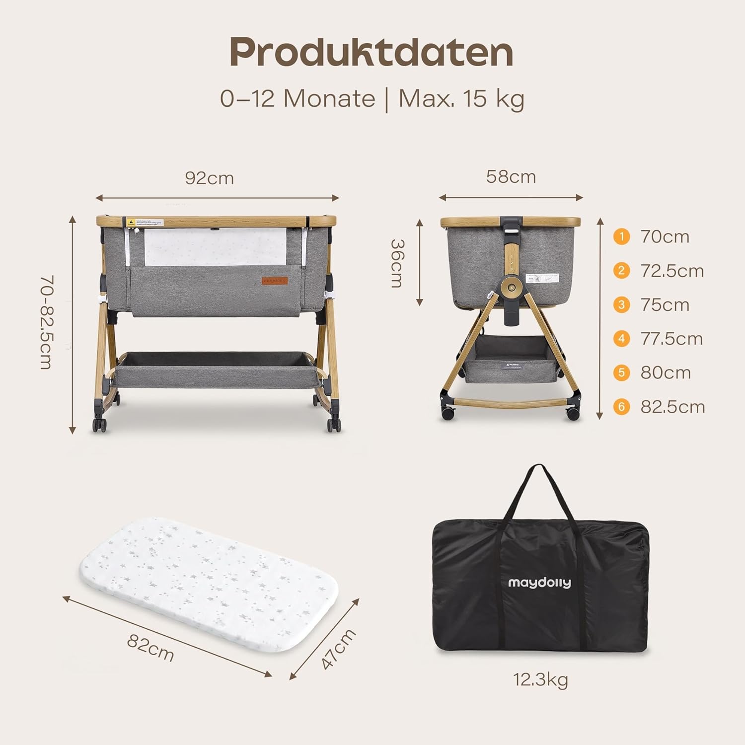 Maydolly 3-in-1 Baby Beistellbett Grau mit Matratze & Moskitonetz, Höhenverstellbares Reisebett mit Rollen für Neugeborene