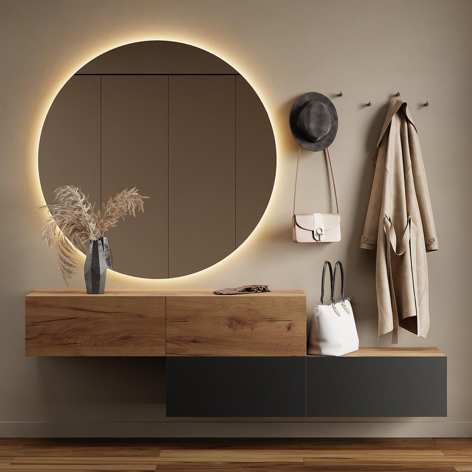 Planetmöbel Flur Garderobe mit Stauraum & Klappe – Hängeschrank Wandgarderobe Holzwerkstoff Gold Eiche Anthrazit