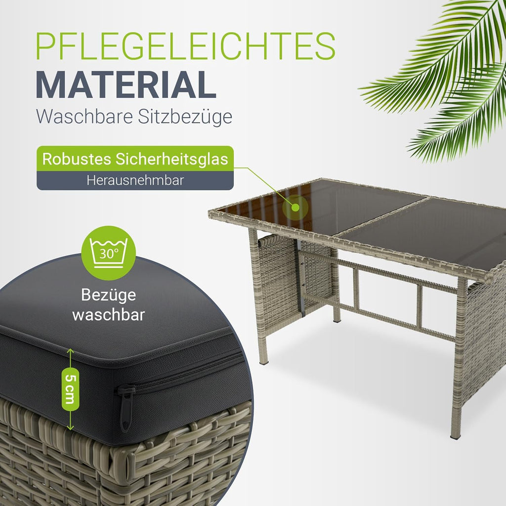 Juskys Polyrattan Gartenlounge Grau – Sitzgruppe mit Ecksofa, Tisch, Hocker, wetterfest, Outdoor Möbel Set