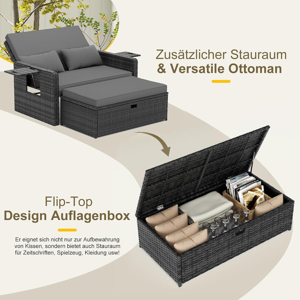 UDPATIO Rattan Lounge Sofa 2-Sitzer Grau meliert mit Hocker & Stauraum, verstellbare Rückenlehne, Metall & PE-Rattan