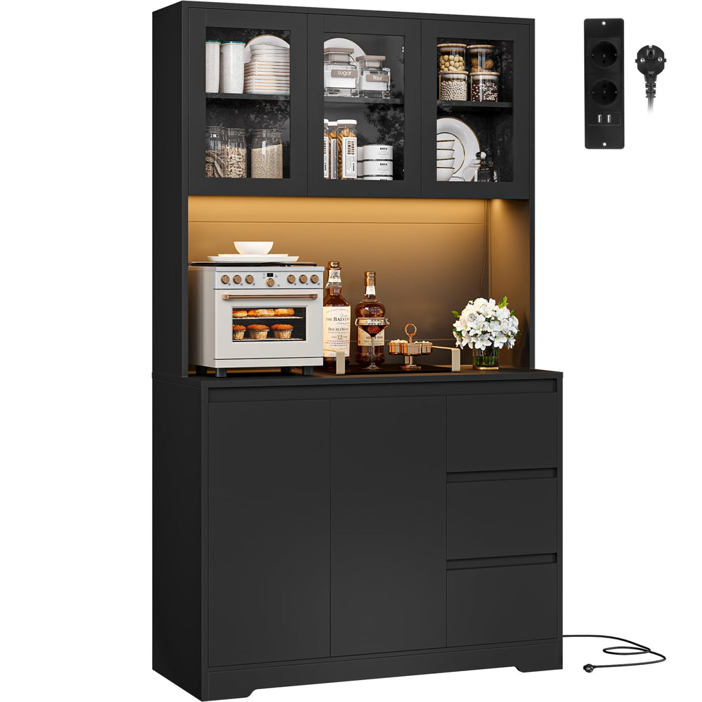 FirFurd Küchenschrank Weiß 180x100x38,5 cm mit LED, Steckdose, Arbeitsplatte, Buffetschrank mit Glastüren & 3 Schubladen