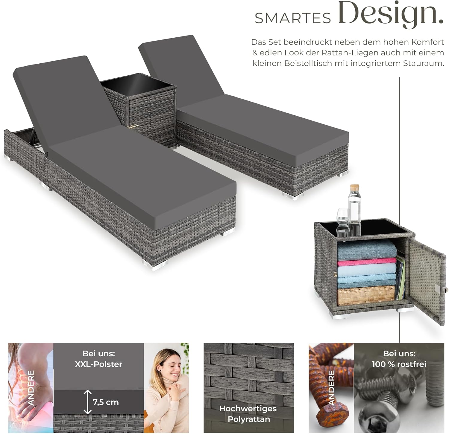 tectake 2er Gartenliege Set mit Tisch - Aluminium & Polyrattan Sonnenliegen, 5-fach Verstellbar, Schutzhülle inklusive