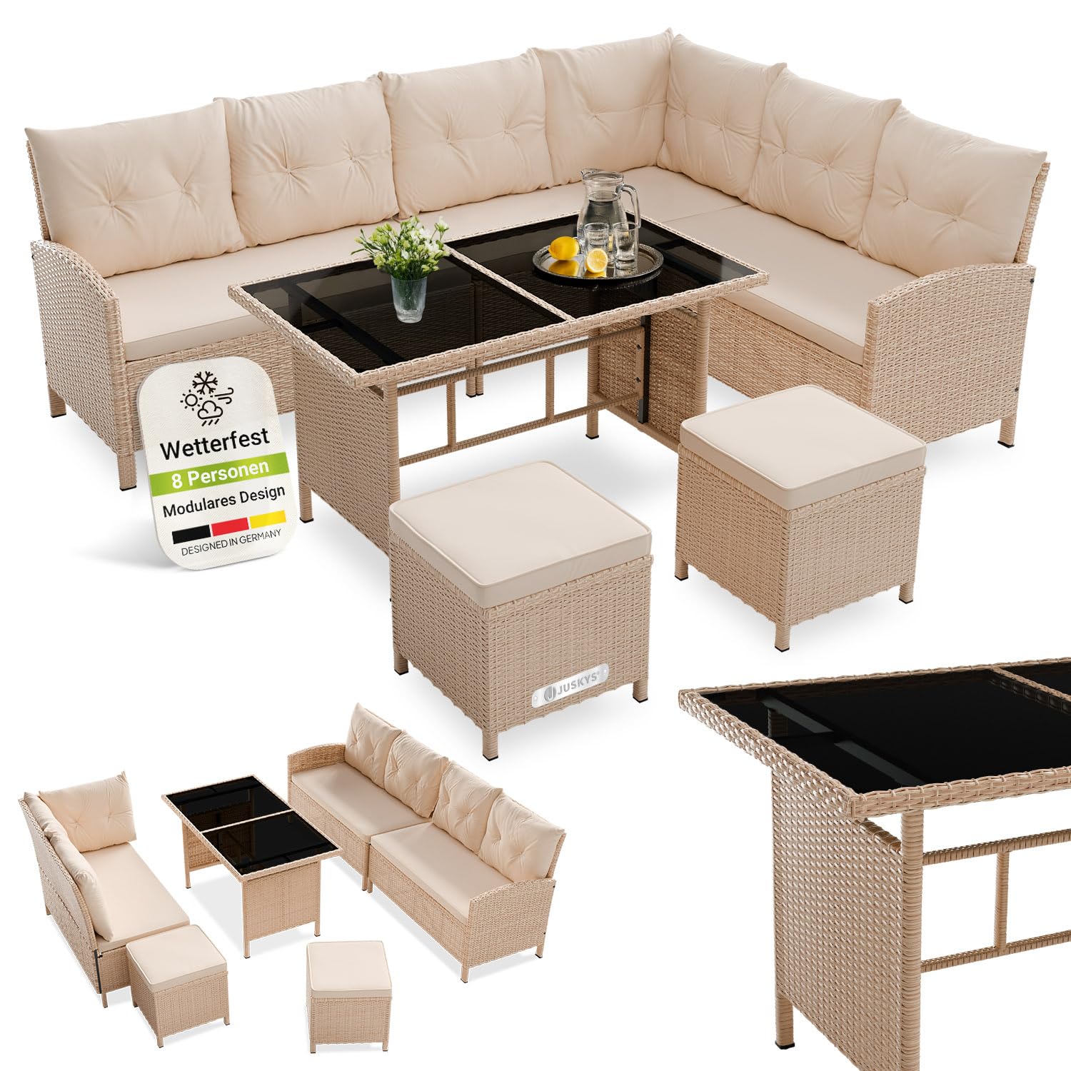 Juskys Polyrattan Gartenlounge Grau – Sitzgruppe mit Ecksofa, Tisch, Hocker, wetterfest, Outdoor Möbel Set