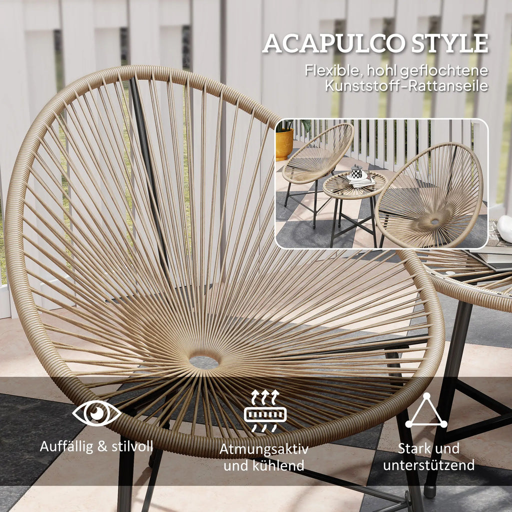 Stilvolle Acapulco Sitzgruppe für Balkon und Terrasse – 2 Sessel und Tisch – Naturfarbenes Rattan