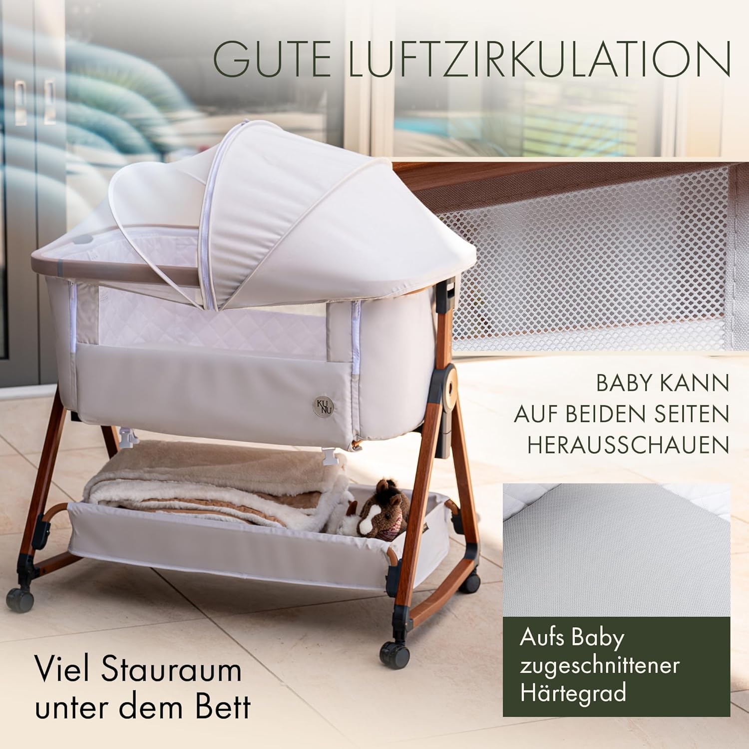 KUNU Babybett Beistellbett 3in1 mit Rollen Beige höhenverstellbar