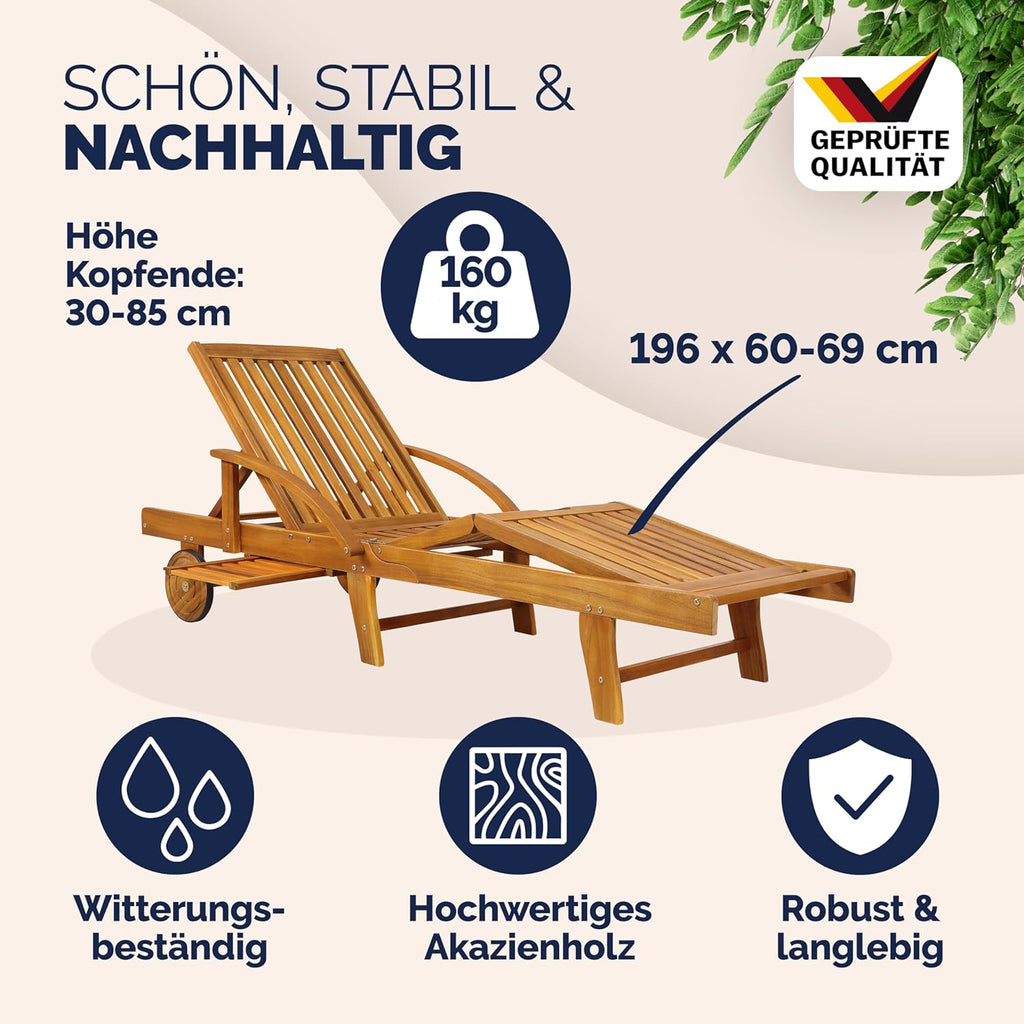 Casaria Sonnenliege 2er Set Akazienholz Klappbar Wetterfest mit Rädern & Ausziehtisch Gartenliege Braun 196 cm