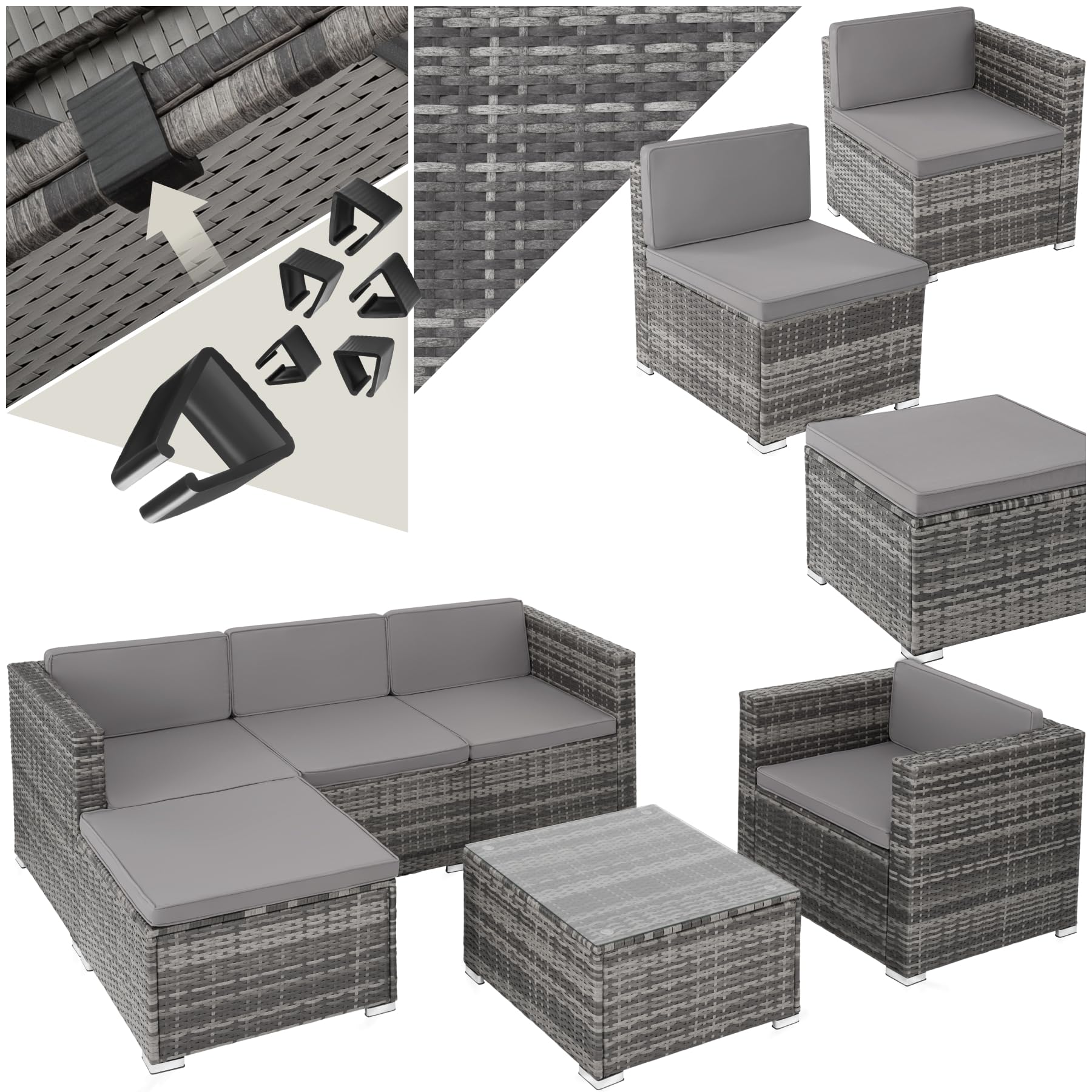 tectake Poly Rattan Lounge Gartenmöbel Set mit Sofa, Sesseln & Tisch – Wetterfeste Outdoor Sitzgruppe