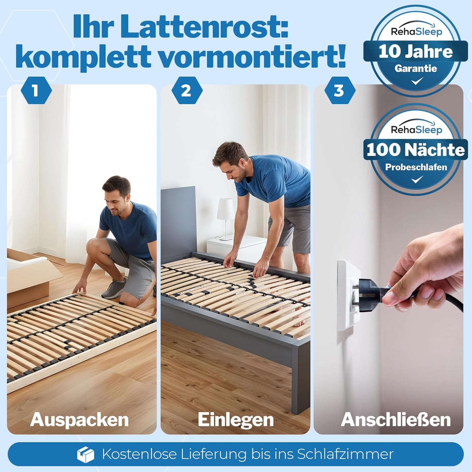 RehaSleep Elektrischer Lattenrost Komfort 28 Leisten Birkenholz verstellbar 7 Zonen ergonomisch Naturholz