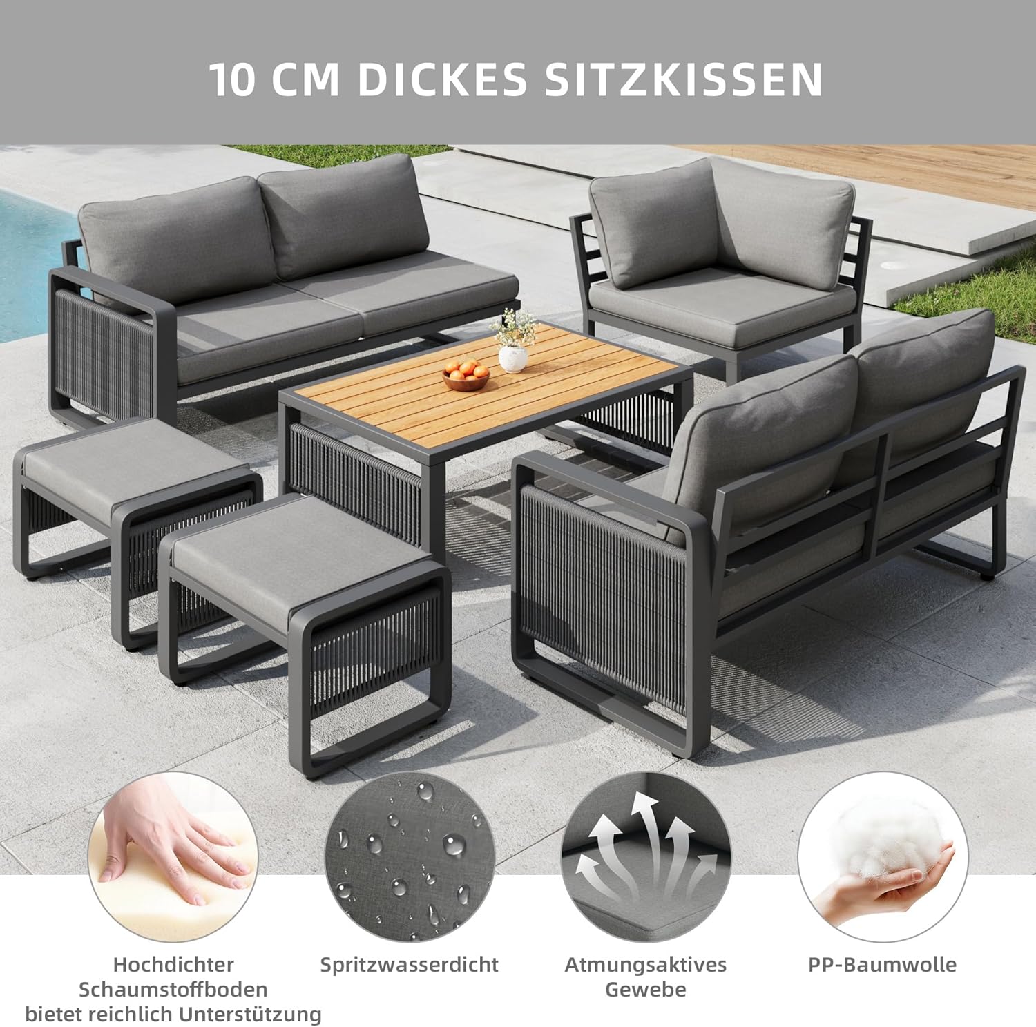 Merax Gartenmöbel Lounge Set Grau für 6-7 Personen, Wetterfestes Gartensofa mit Liege & Eckgarnitur für Terrasse und Balkon