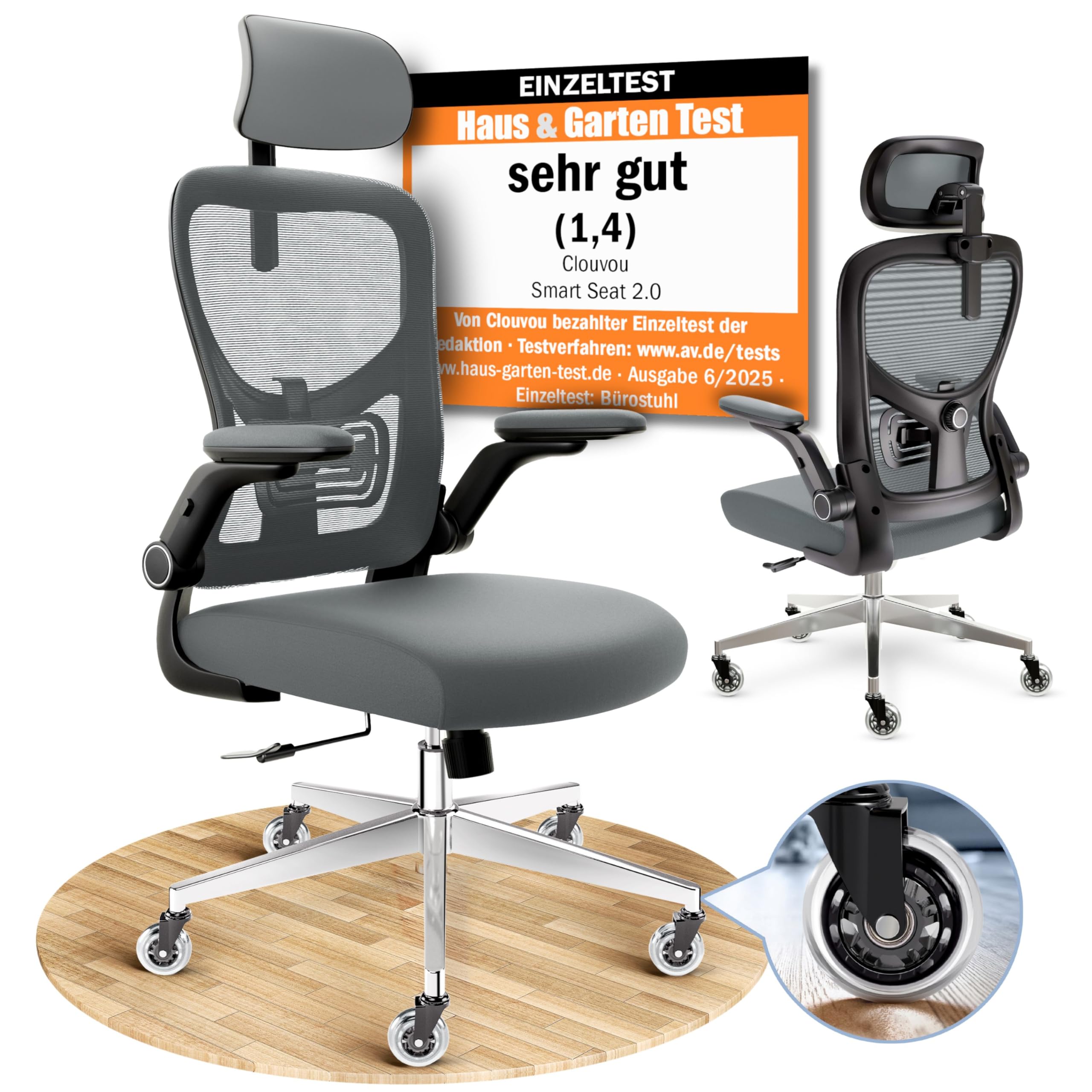 CLOUVOU BrightSeat Bürostuhl Ergonomisch Schwarz bis 150 kg mit Kopfstütze, Lendenstütze, 2D Armlehnen, Drehstuhl