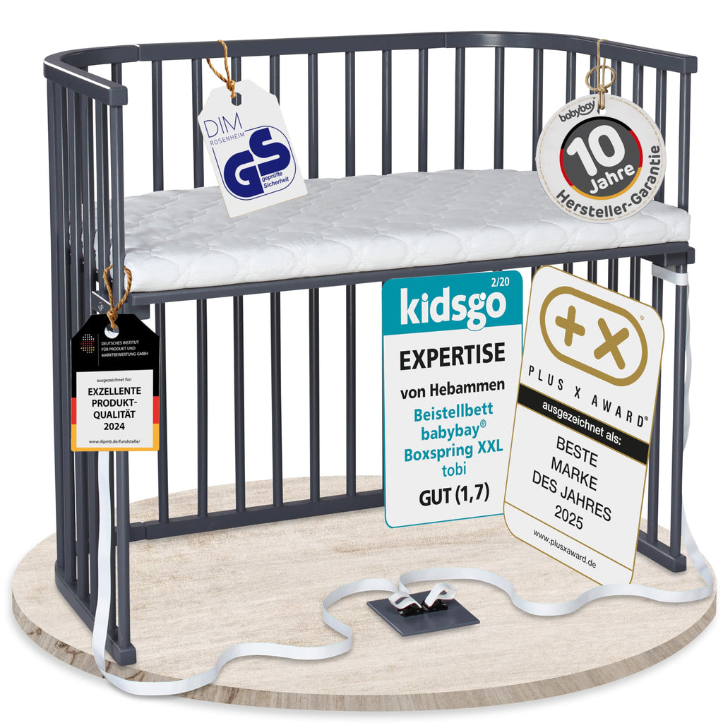 babybay Original Beistellbett aus massivem Buchenholz mit Matratze – Höhenverstellbares mitwachsendes Babybett