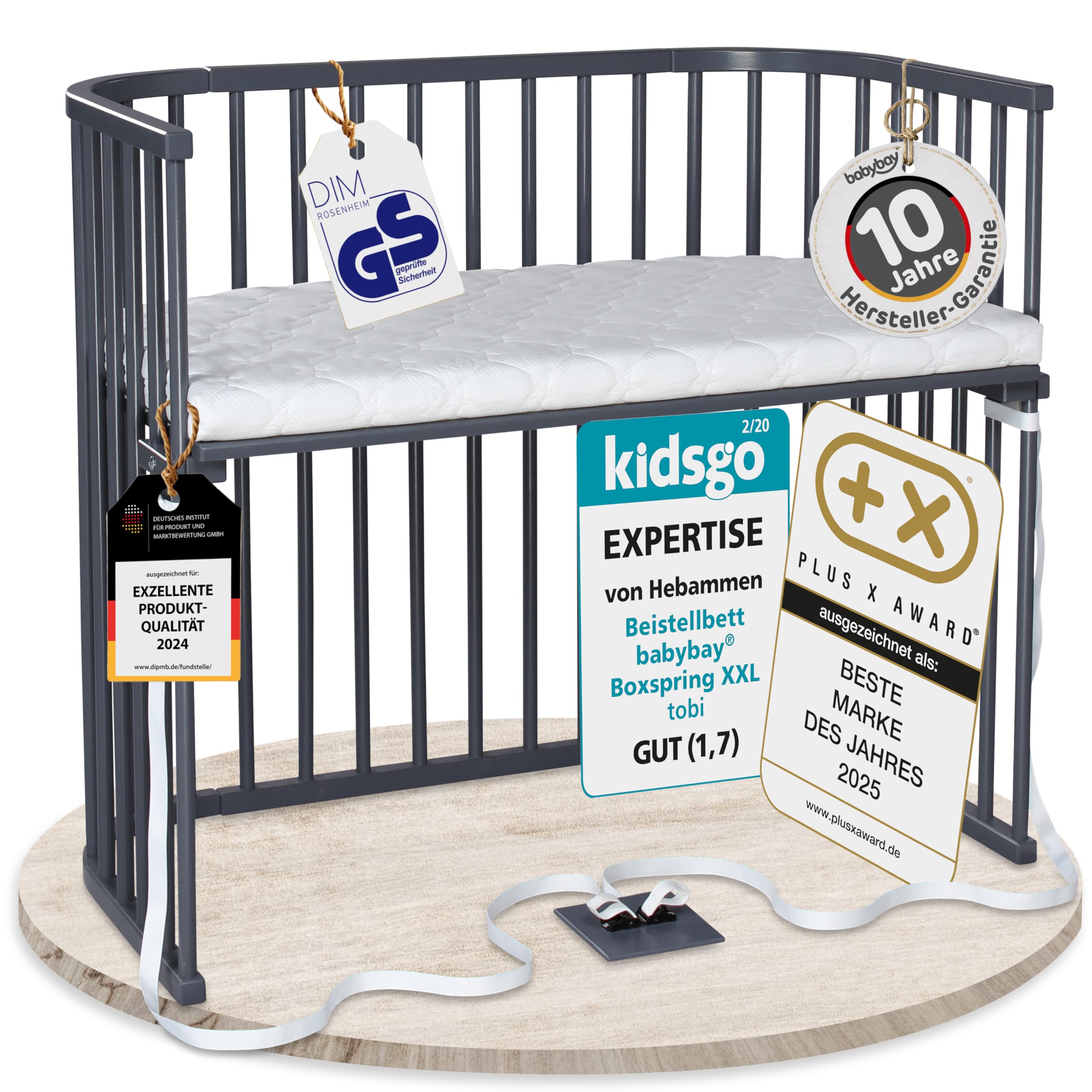 babybay Original Beistellbett aus massivem Buchenholz mit Matratze – Höhenverstellbares mitwachsendes Babybett