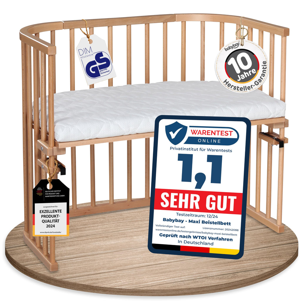 babybay Original Beistellbett aus massivem Buchenholz mit Matratze – Höhenverstellbares mitwachsendes Babybett
