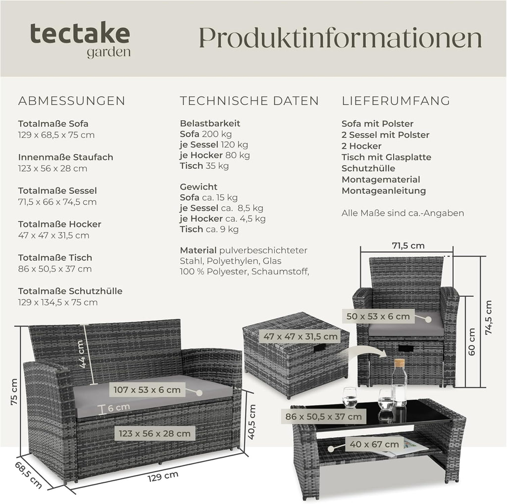 tectake Polyrattan Garten Lounge Set 4 Personen mit Hocker & Auflagenbox, Outdoor Sitzgruppe mit Tisch & Kissen, Balkonmöbel