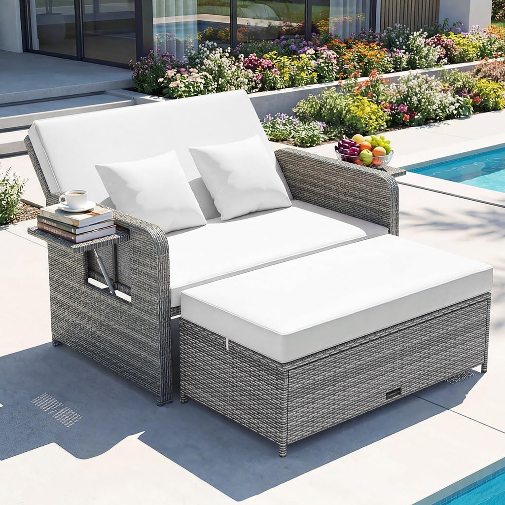 GIANTEX Rattan Lounge Gartenmöbel Set 2-Sitzer Doppelliege mit Hocker & Stauraum, Verstellbares Outdoor Sofa Balkon Terrasse