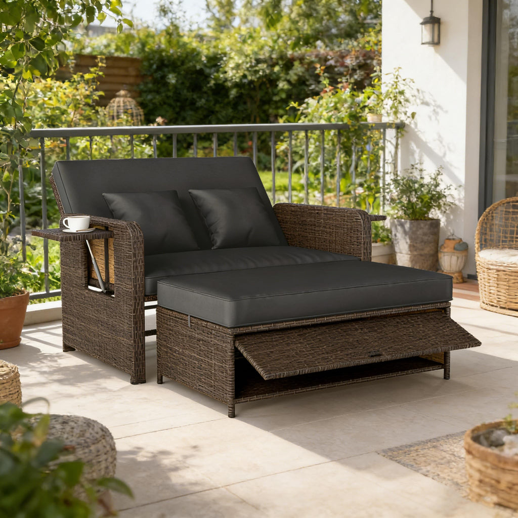 GIANTEX Rattan Lounge Gartenmöbel Set 2-Sitzer Doppelliege mit Hocker & Stauraum, Verstellbares Outdoor Sofa Balkon Terrasse