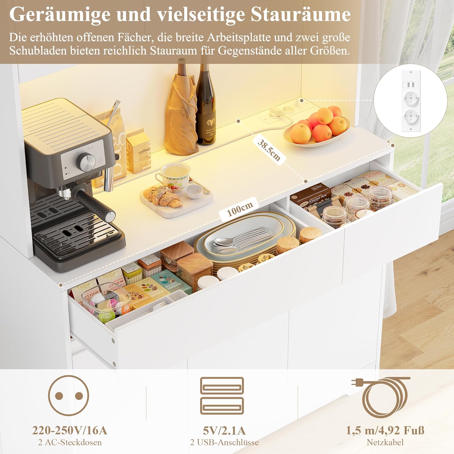 FirFurd Küchenschrank Buffetschrank Weiß 180x100x38,5 cm mit LED, Steckdose, Arbeitsplatte, Sideboard mit Türen & Schubladen