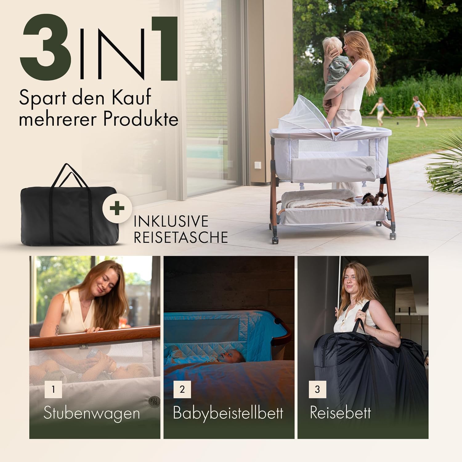 KUNU Babybett Beistellbett 3in1 mit Rollen Beige höhenverstellbar