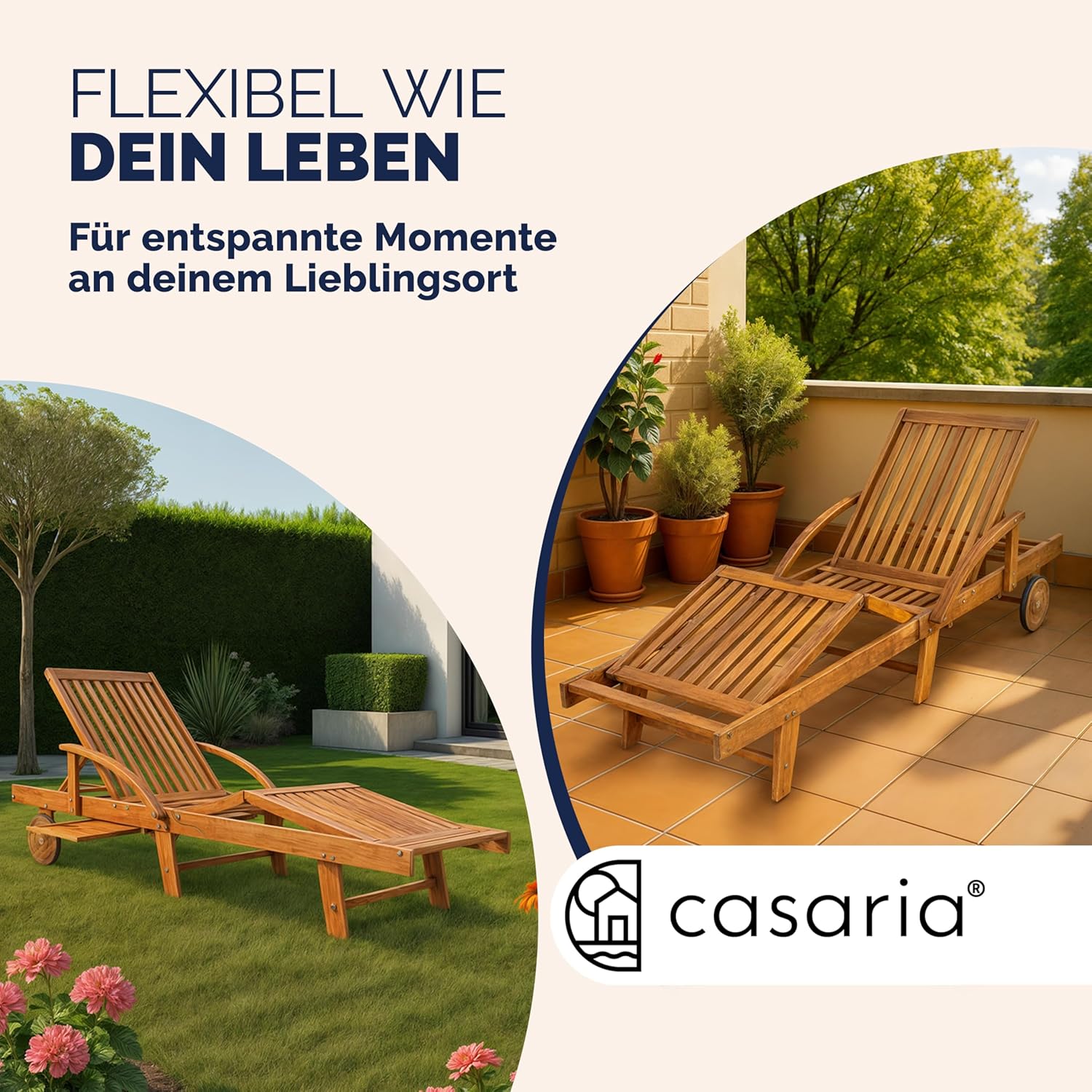 Casaria Sonnenliege 2er Set Akazienholz Klappbar Wetterfest mit Rädern & Ausziehtisch Gartenliege Braun 196 cm