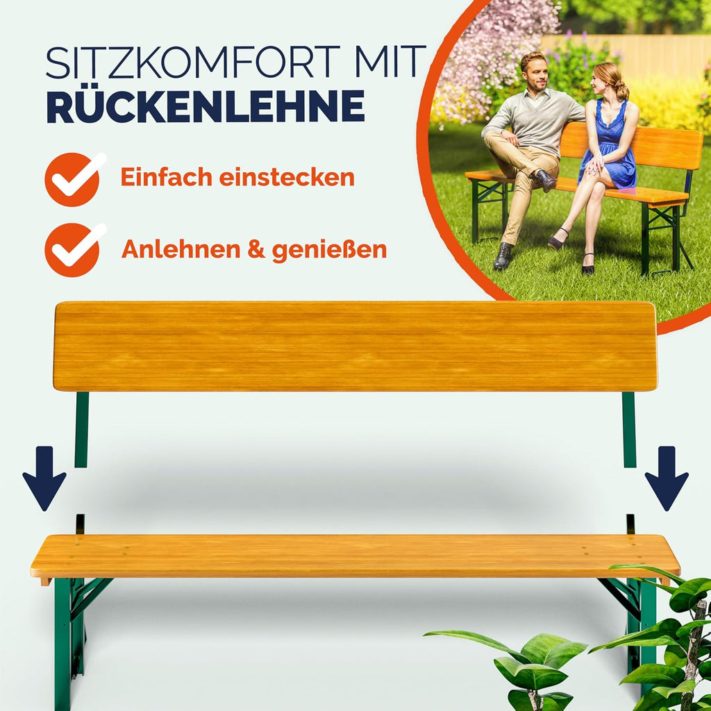 Casaria Bierzeltgarnitur 170 cm Braun Holz Stahl klappbar mit Lehne 3-teilig Bierbank Set Tisch Outdoor