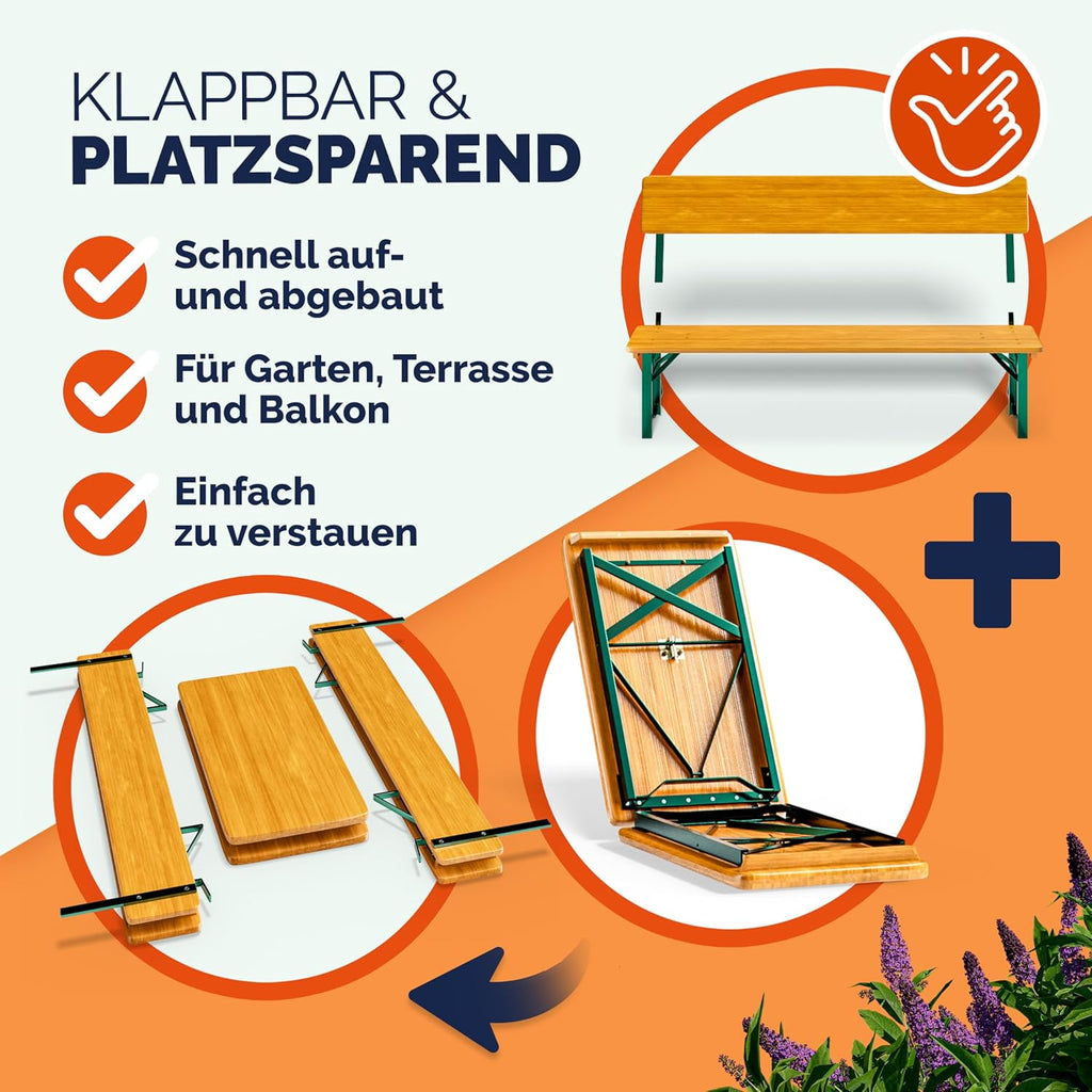 Casaria Bierzeltgarnitur 170 cm Braun Holz Stahl klappbar mit Lehne 3-teilig Bierbank Set Tisch Outdoor