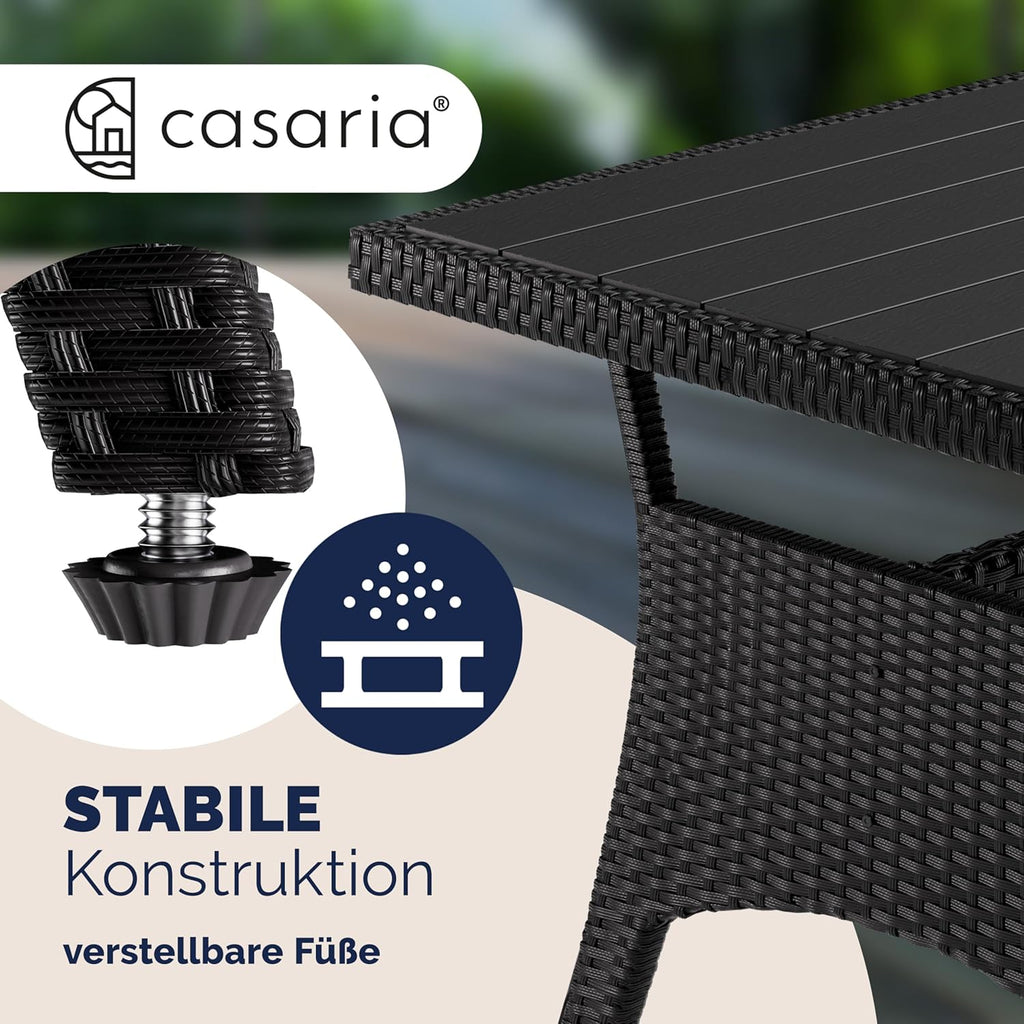 Casaria Polyrattan Ecklounge Set Schwarz mit WPC Tisch, Sessel & 2 Hockern, Wetterfeste Gartenmöbel für Terrasse & Balkon