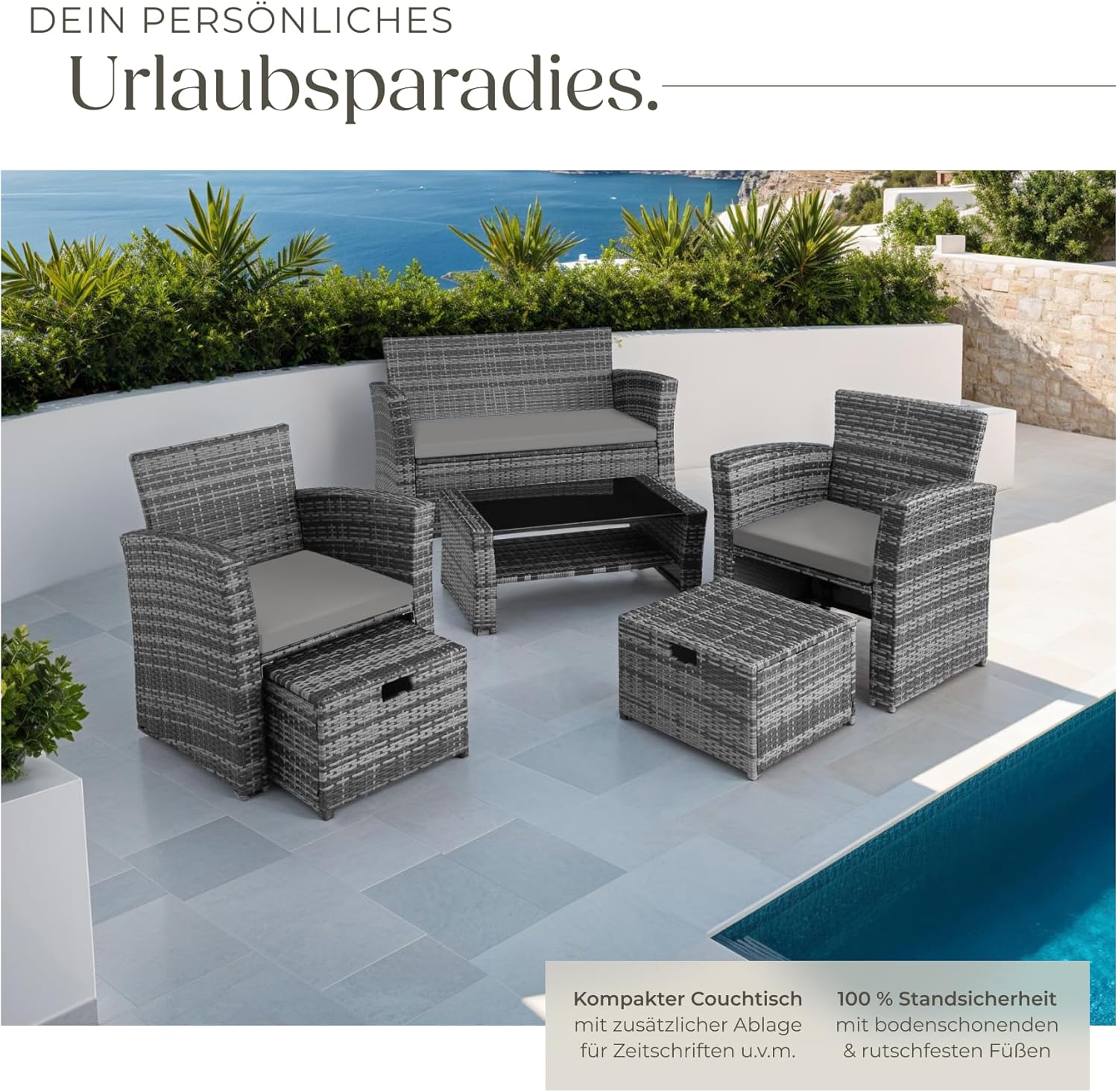 tectake Polyrattan Garten Lounge Set 4 Personen mit Hocker & Auflagenbox, Outdoor Sitzgruppe mit Tisch & Kissen, Balkonmöbel