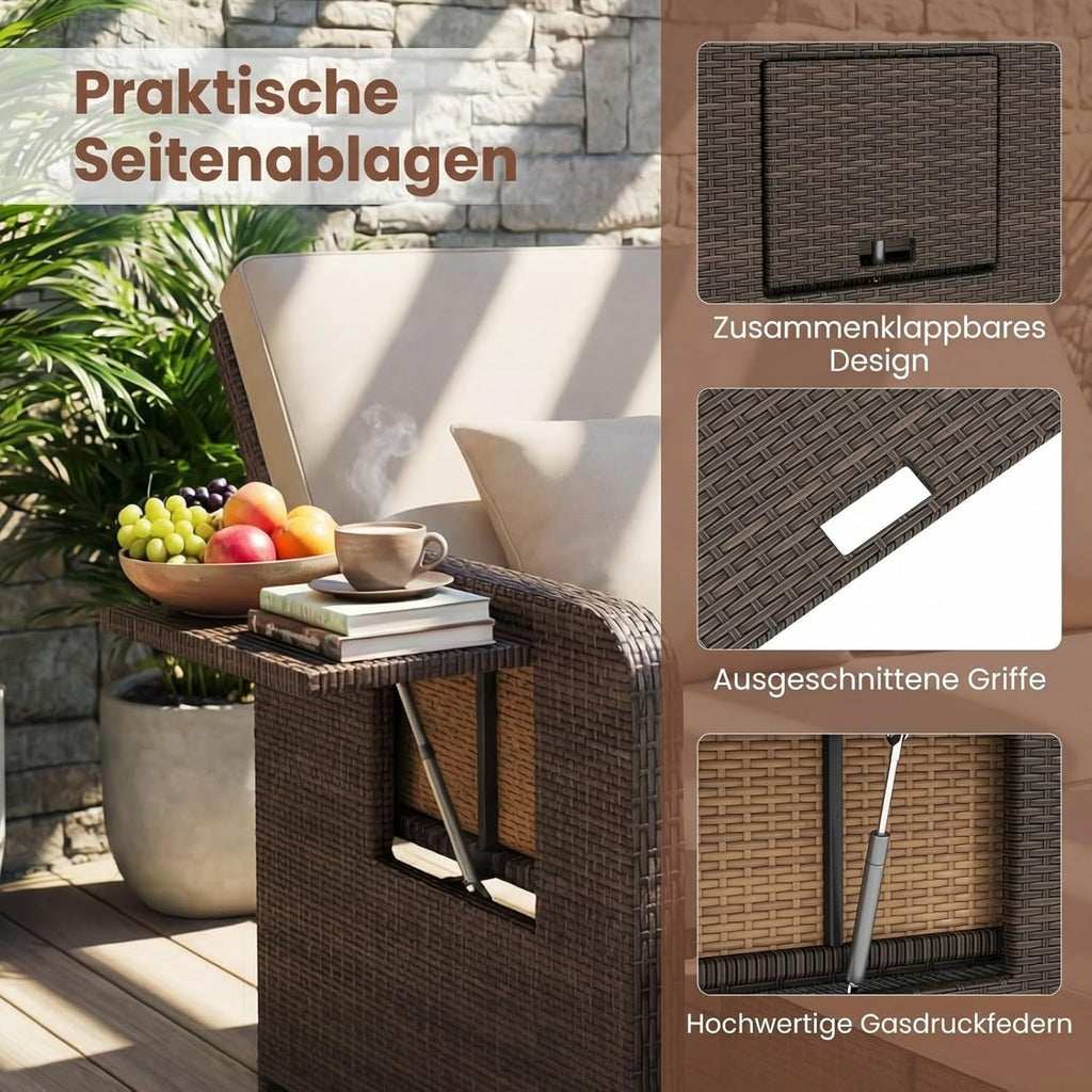 GIANTEX Rattan Lounge Gartenmöbel Set 2-Sitzer Doppelliege mit Hocker & Stauraum, Verstellbares Outdoor Sofa Balkon Terrasse