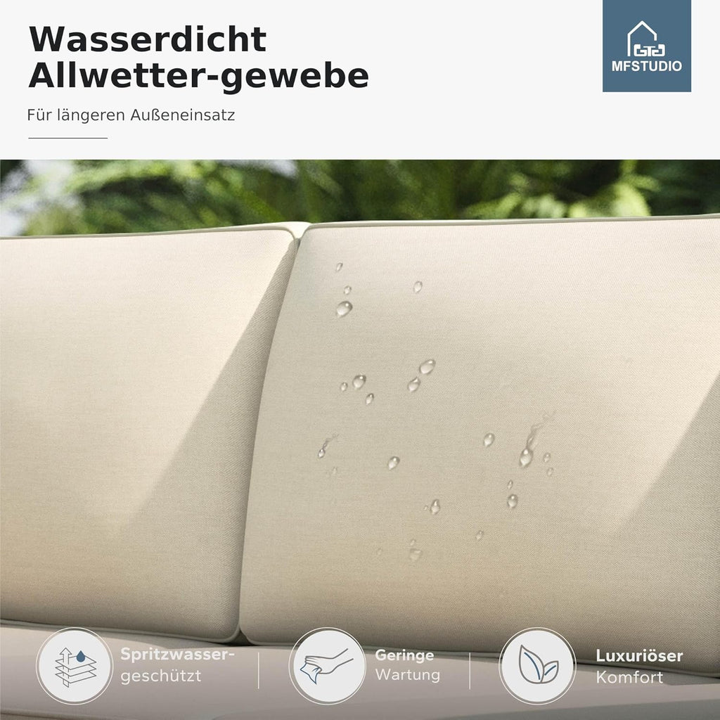 MFSTUDIO Gartenmöbel Set Polyrattan Braun 3-teilig L-Form mit Kissen & Akazienholz Tisch, Lounge Set für 4 Personen
