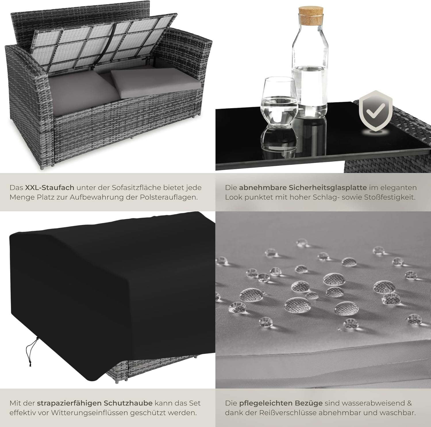 tectake Polyrattan Garten Lounge Set 4 Personen mit Hocker & Auflagenbox, Outdoor Sitzgruppe mit Tisch & Kissen, Balkonmöbel