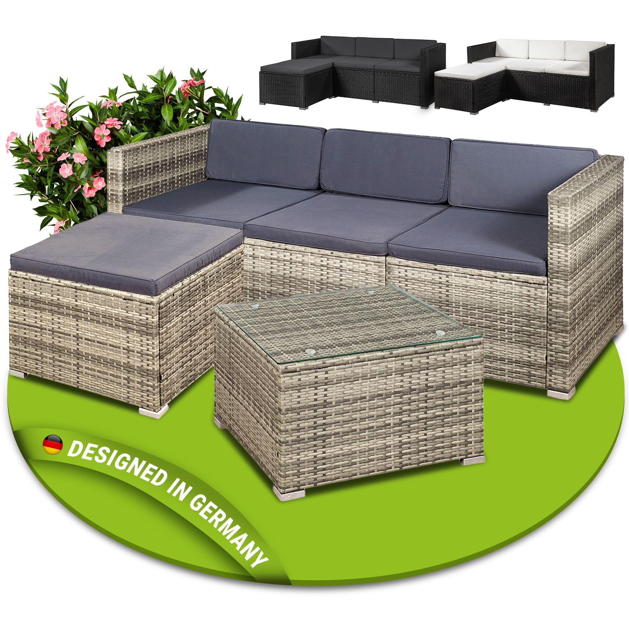 Juskys Polyrattan Lounge Set für 3-4 Personen mit Sofa, Hocker, Tisch & Kissen, Wetterfeste Gartenmöbel